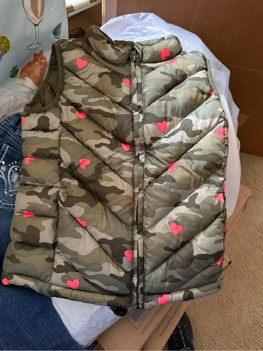 GAP Olive Green Camo Vest with Pink Heart Accents